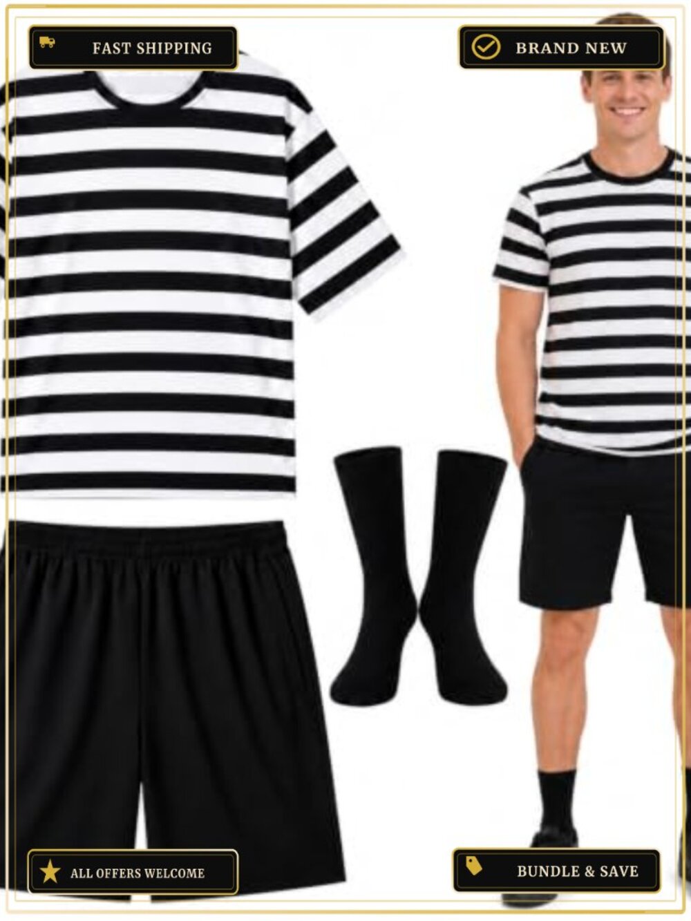 Men's 3-Piece Halloween Costume Set Striped Shirt Shorts Socks